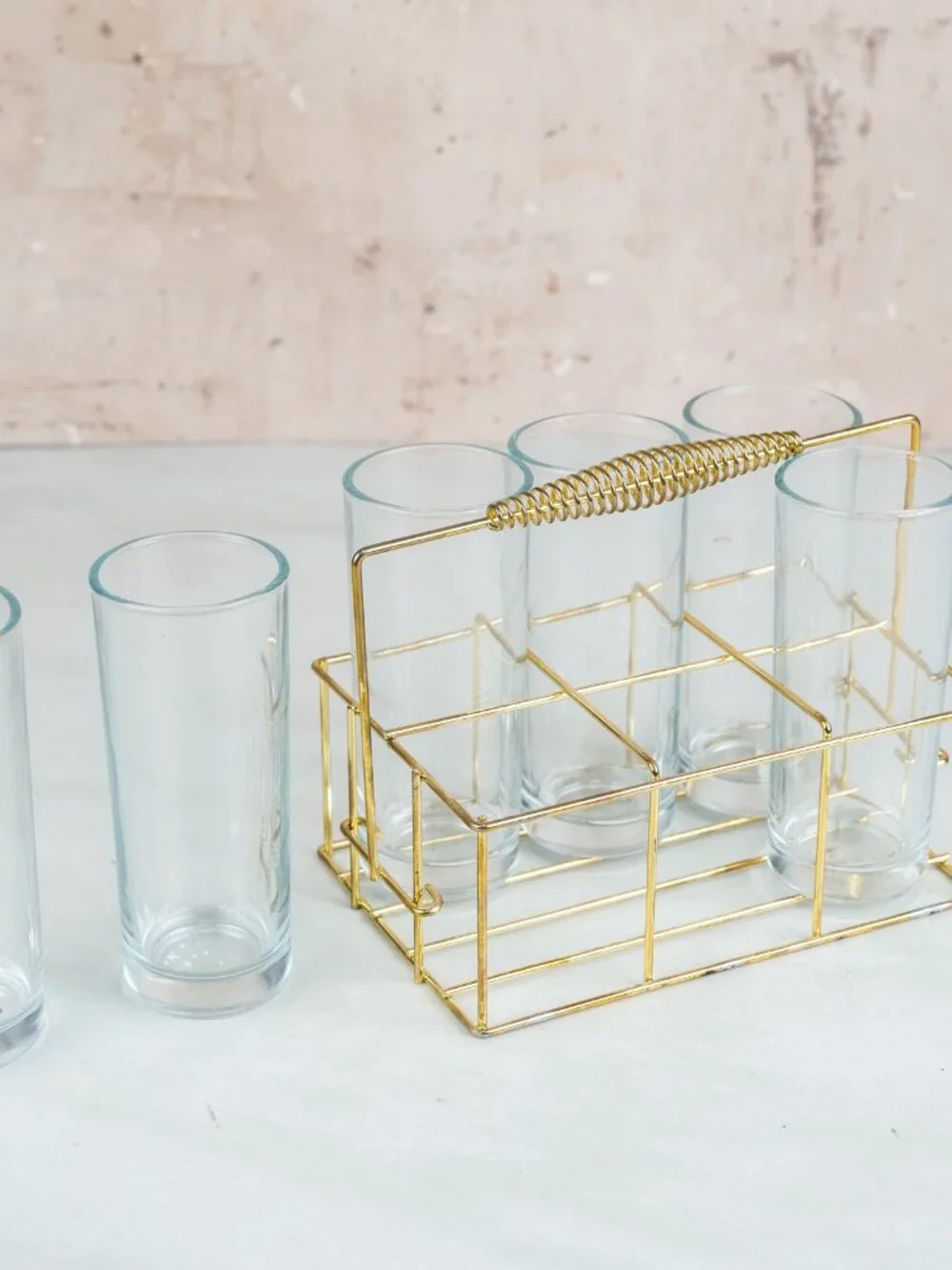 Gold Wire Drink Caddy With Glasses 6 Piece Set